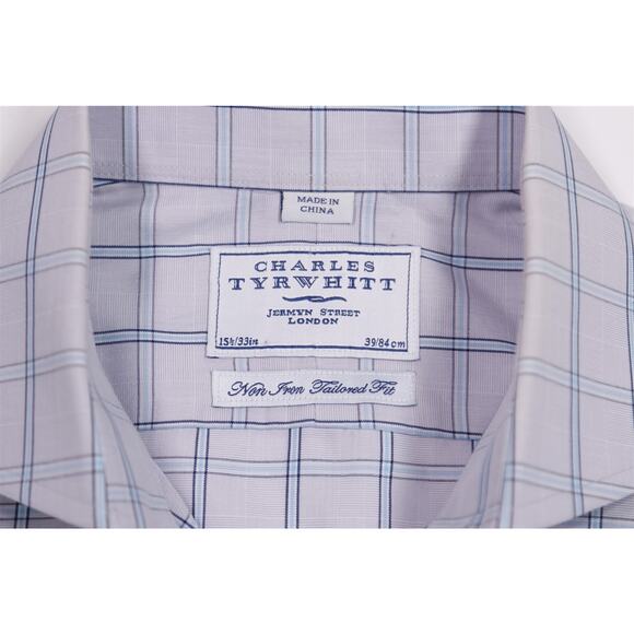 Charles Tyrwhitt Gray Blue Check Non-Iron Tailored Fit Dress Shirt (39) 15.5-33 - Picture 6 of 7